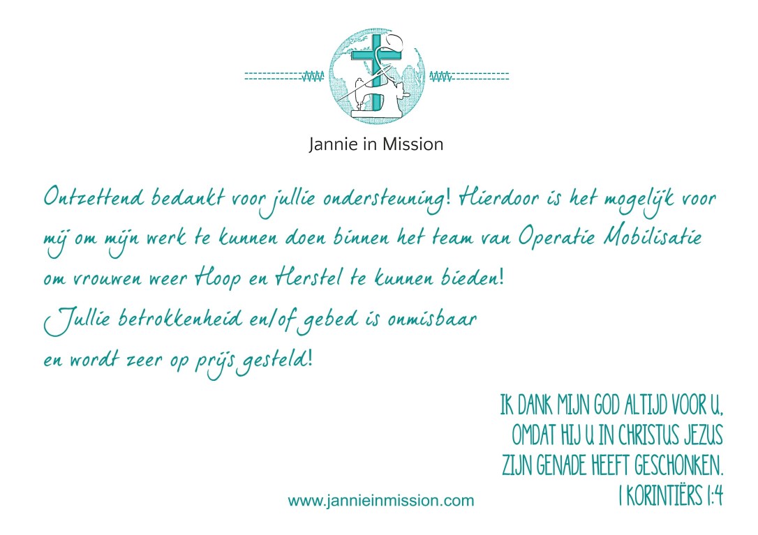 Bedankkaart Jannie in Mission achterkant